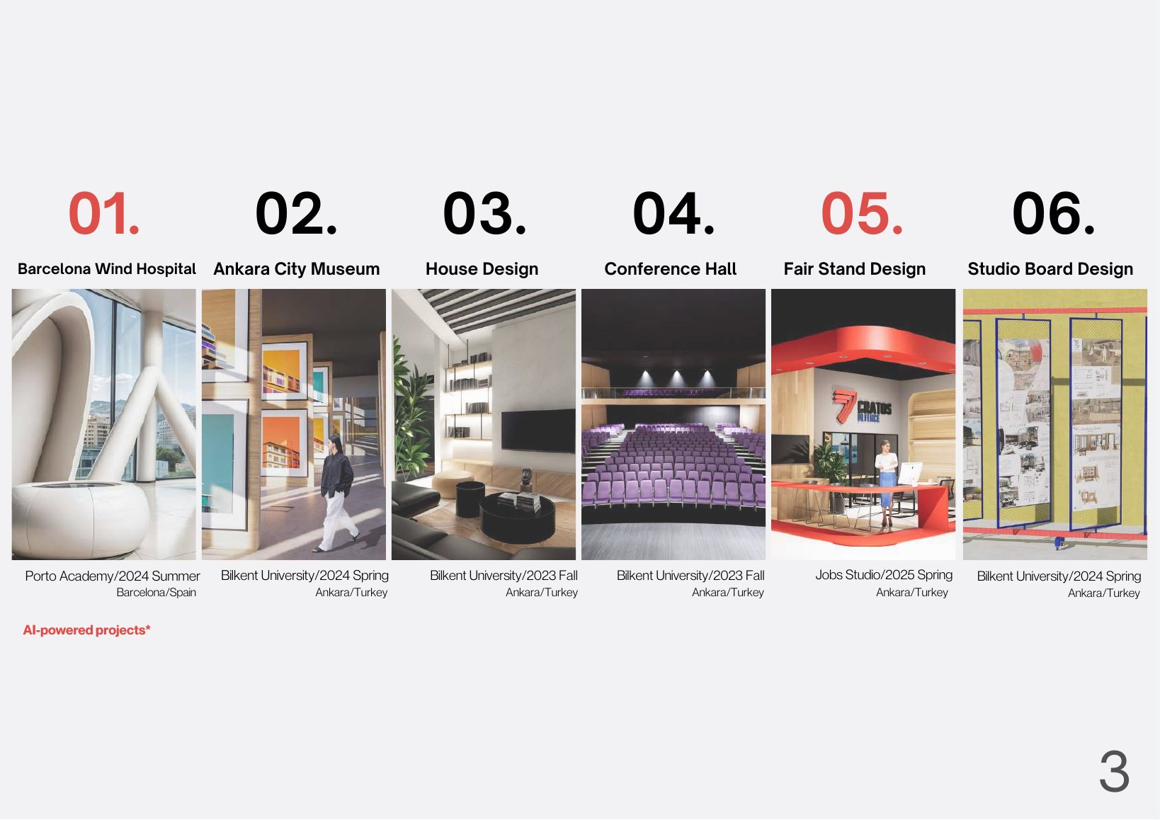 Project index: Barcelona Wind Hospital, Ankara City Museum, House Design, Conference Hall, Fair Stand Design, Studio Board Design