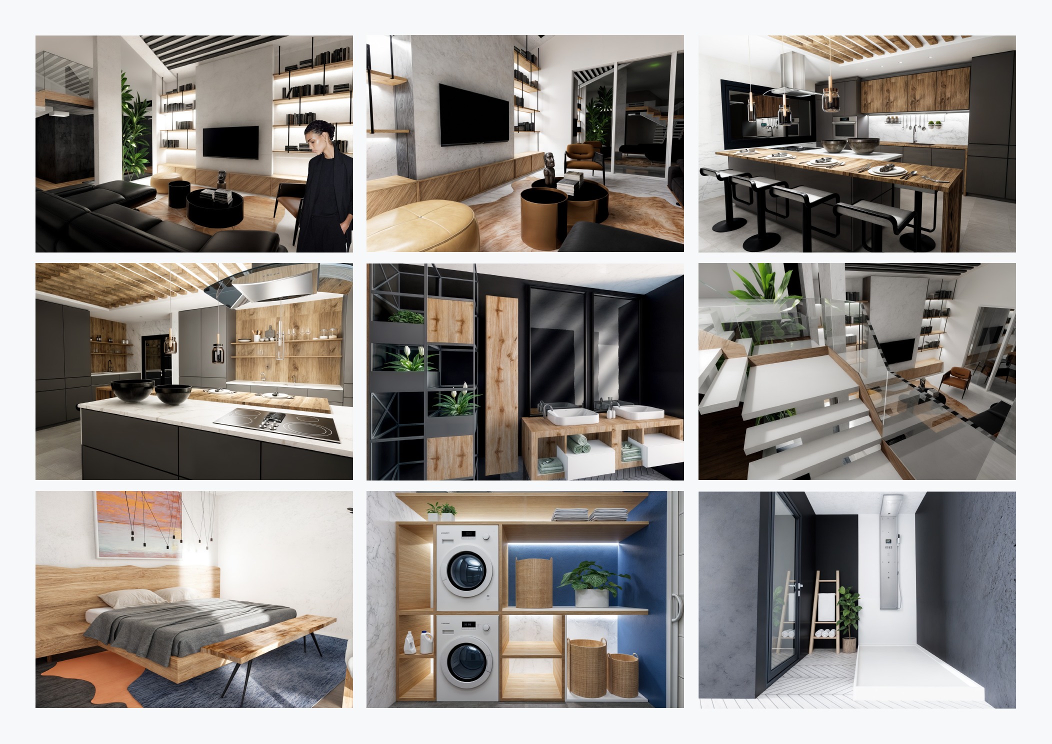 Altitude House — living room, kitchen, bathroom and staircase renders